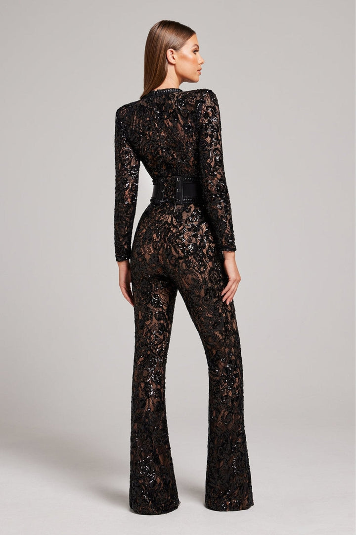 Womens Sequin Lace Long Sleeve Jumpsuit with Sheer Detailing and Fitted Waist