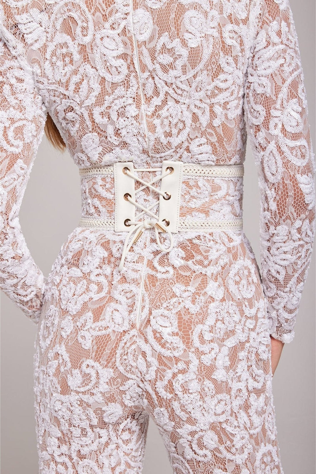 Women’s Sequin Lace Long Sleeve Jumpsuit with Sheer Detailing and Fitted Waist