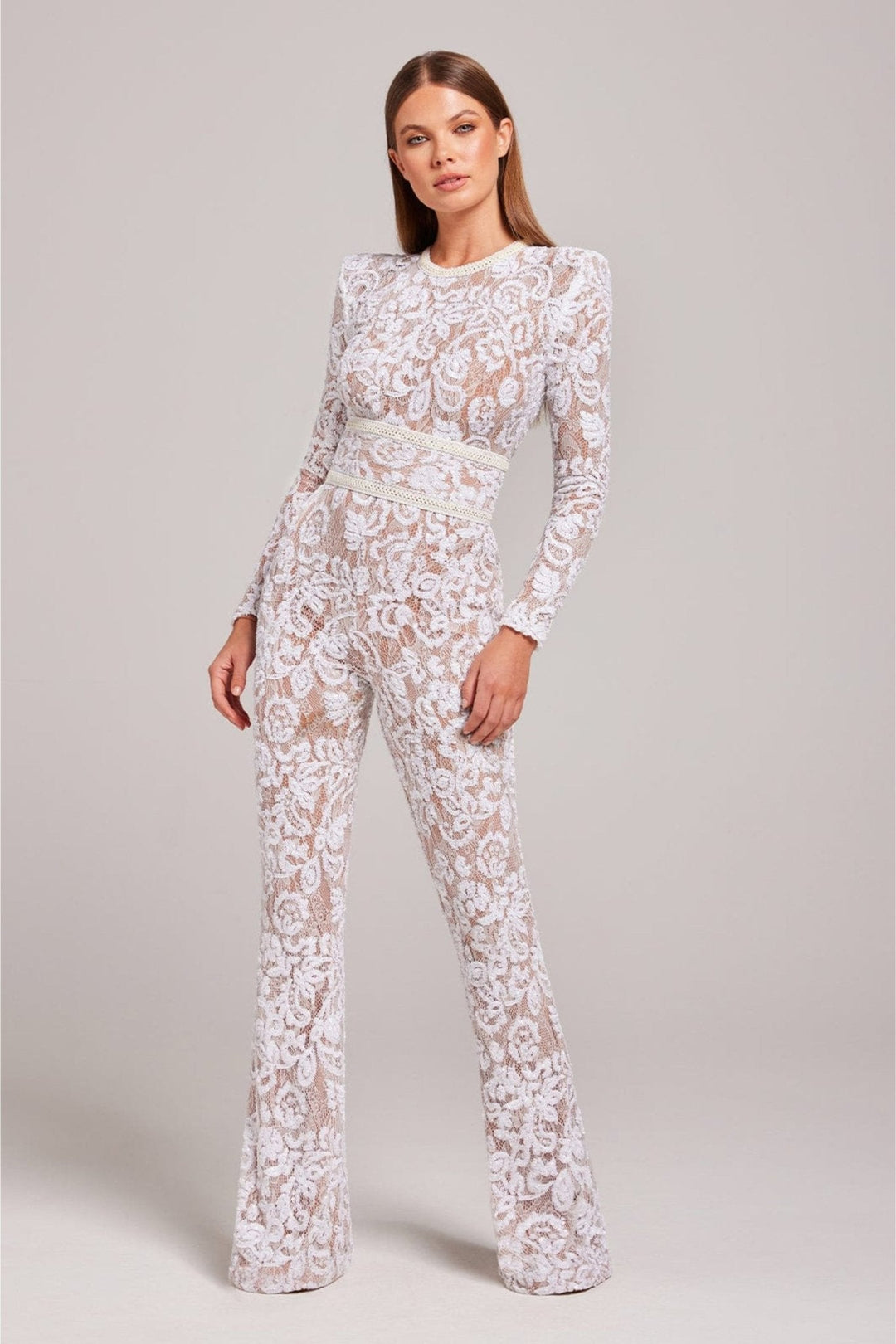 Women’s Sequin Lace Long Sleeve Jumpsuit with Sheer Detailing and Fitted Waist