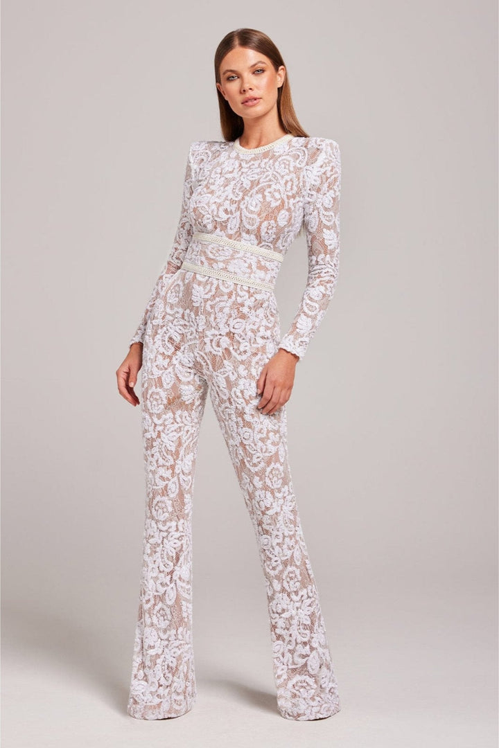 Women’s Sequin Lace Long Sleeve Jumpsuit with Sheer Detailing and Fitted Waist