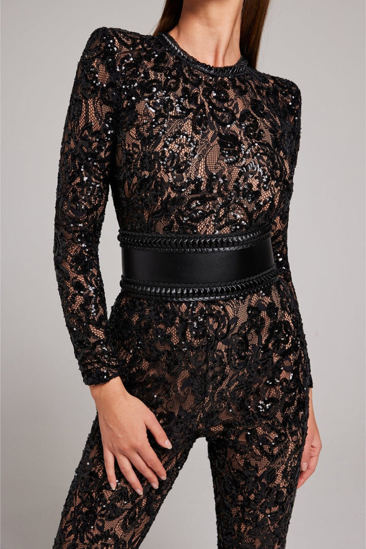 Women’s Sequin Lace Long Sleeve Jumpsuit with Sheer Detailing and Fitted Waist