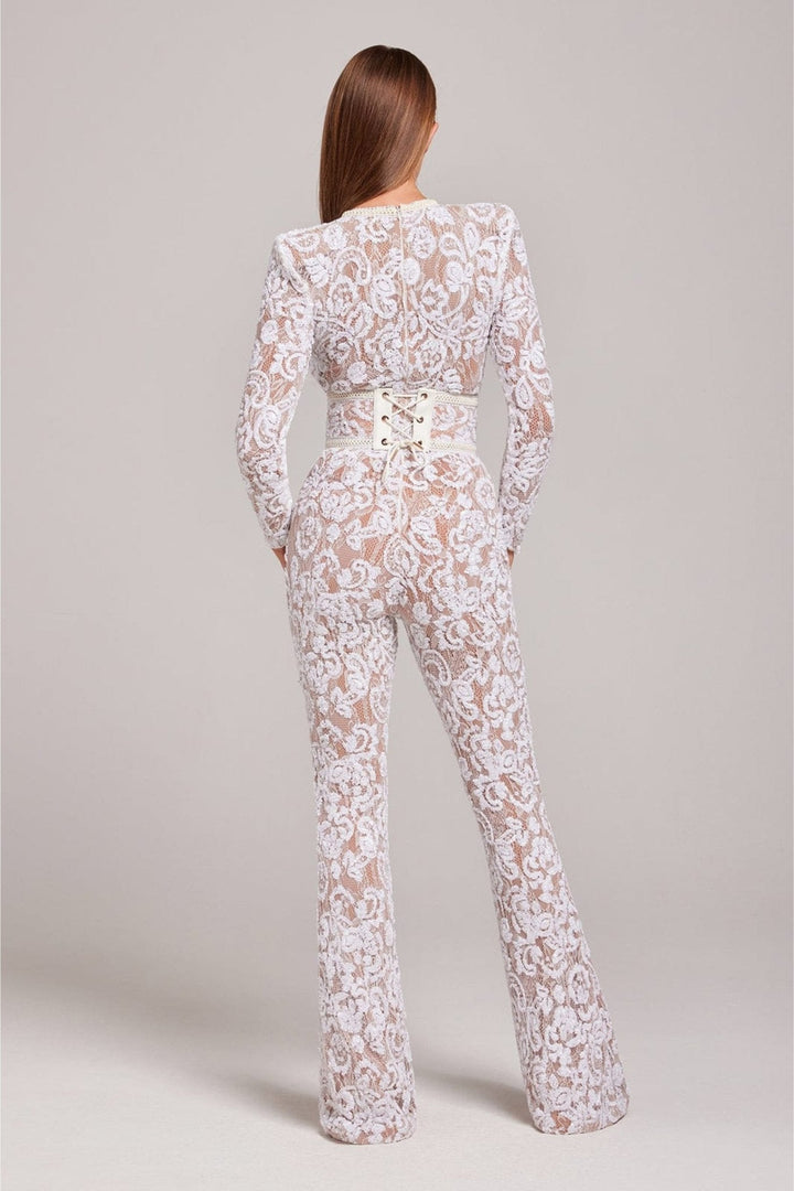 Women’s Sequin Lace Long Sleeve Jumpsuit with Sheer Detailing and Fitted Waist