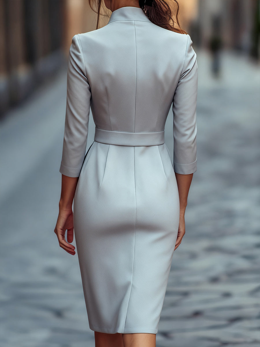 Women’s Sheath Dress with Mandarin Collar and Belted Waist