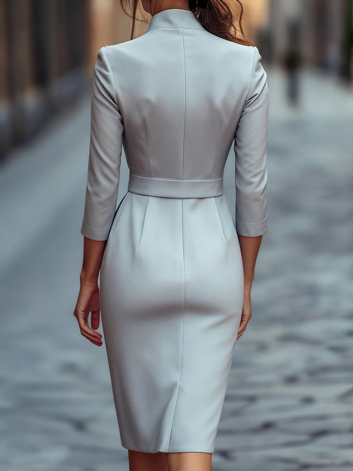 Women’s Sheath Dress with Mandarin Collar and Belted Waist