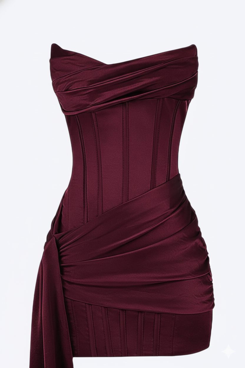 Women’s Short Evening Mini Dress with Corset Design and Asymmetrical Draping