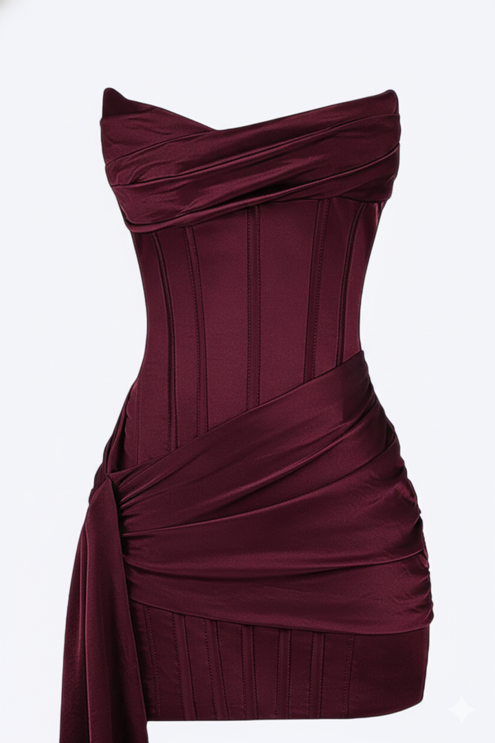 Women’s Short Evening Mini Dress with Corset Design and Asymmetrical Draping