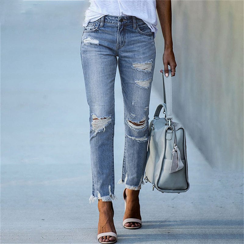 Womens Skinny Pants with Ripped Distressed Details and High Waist