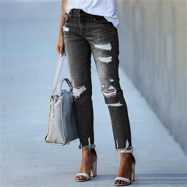 Womens Skinny Pants with Ripped Distressed Details and High Waist