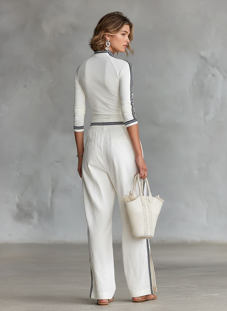 Womens Sports Two-Piece Set with Half-High Neck T-Shirt and Wide-Leg Pants