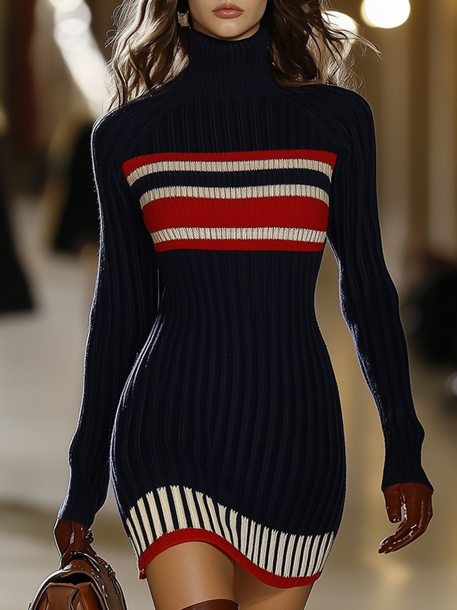 Women’s Striped Knit Dress with High Collar and Slim Fit