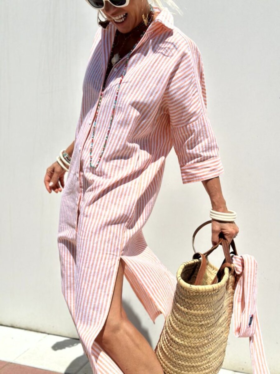 Women's Striped Shirt Dress with Button Placket and Shirt Collar