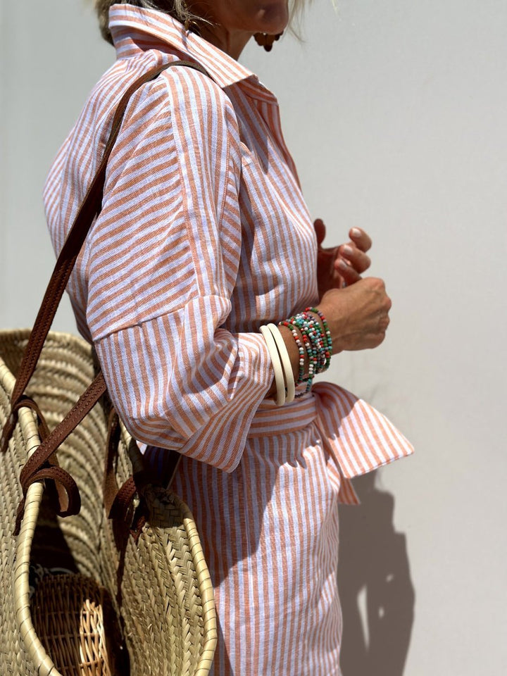 Women's Striped Shirt Dress with Button Placket and Shirt Collar