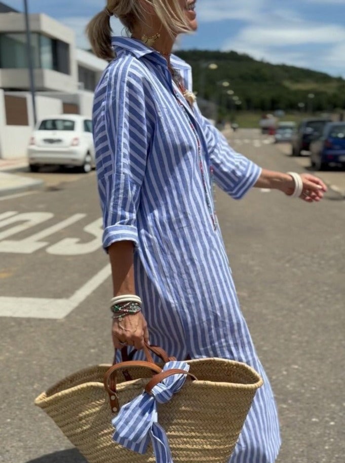 Women's Striped Shirt Dress with Button Placket and Shirt Collar