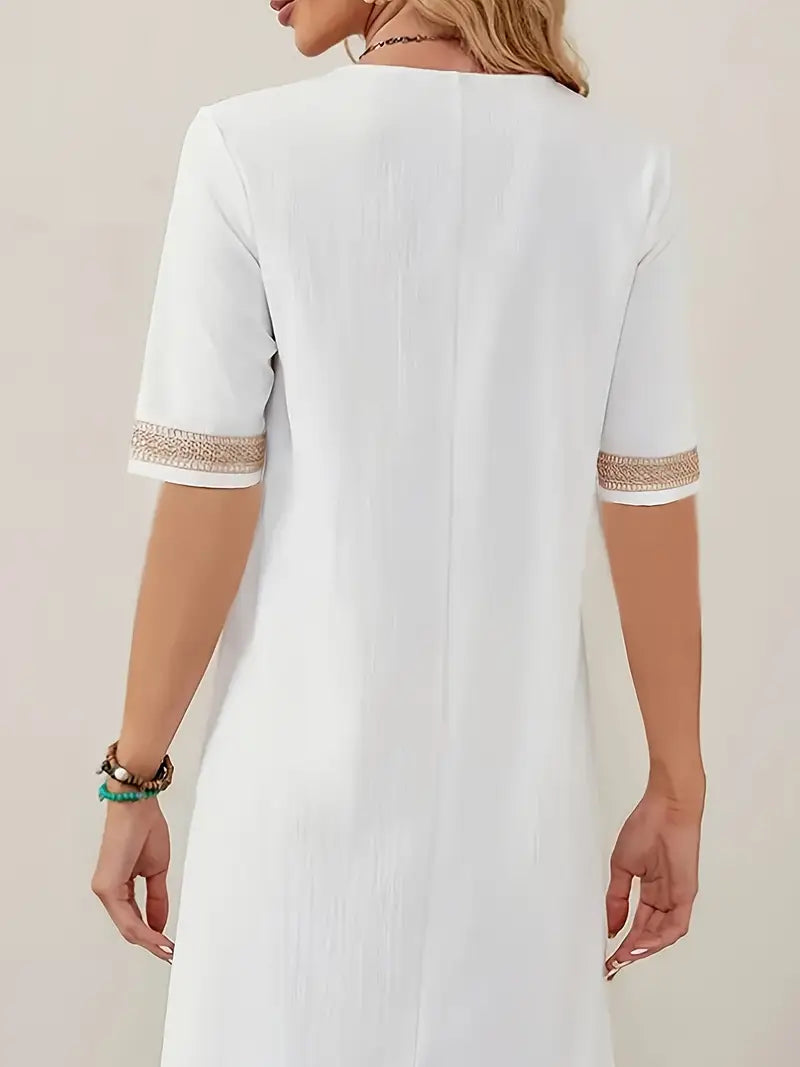 Women’s Summer Midi Dress with V-Neck and Crochet Details