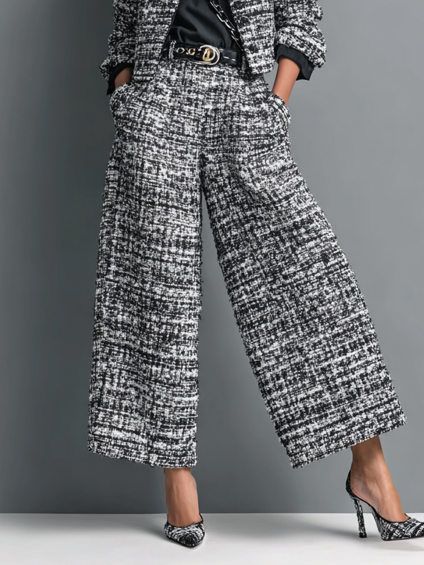 Women’s Tweed Blend Single-Breasted Cropped Jacket and Wide-Leg Pants Set