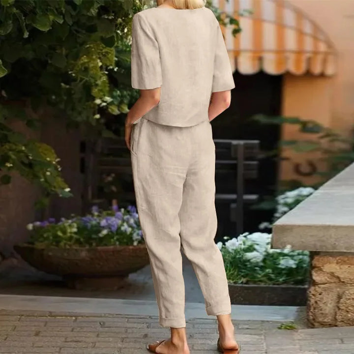 Women's Two-Piece Set with Crew Neck Top and Relaxed Pants