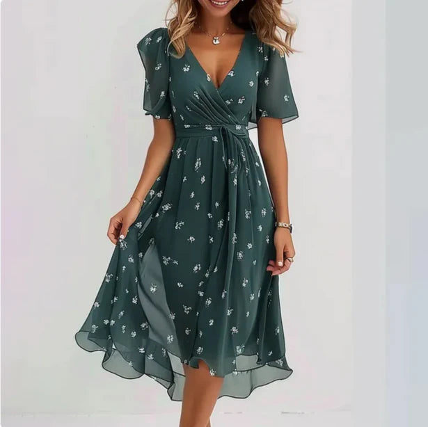 Women’s V-Neck Midi Summer Dress with Short Sleeves