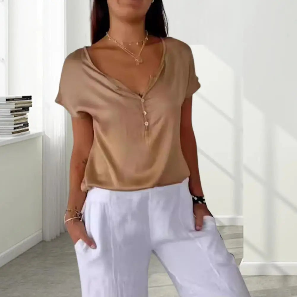Women’s V-Neck Top with Three-Quarter Sleeves and Decorative Buttons