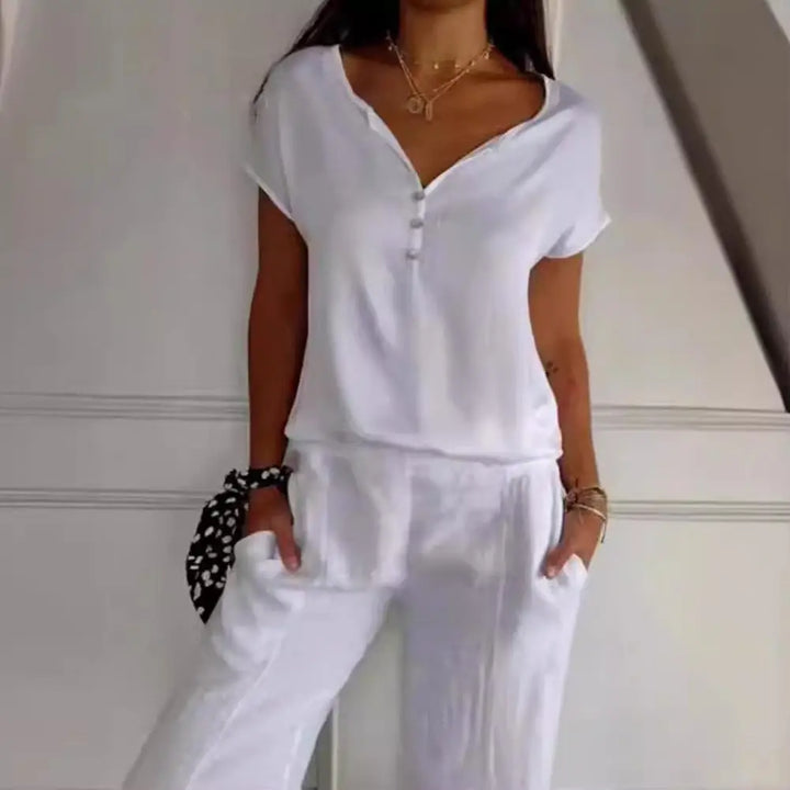 Women’s V-Neck Top with Three-Quarter Sleeves and Decorative Buttons