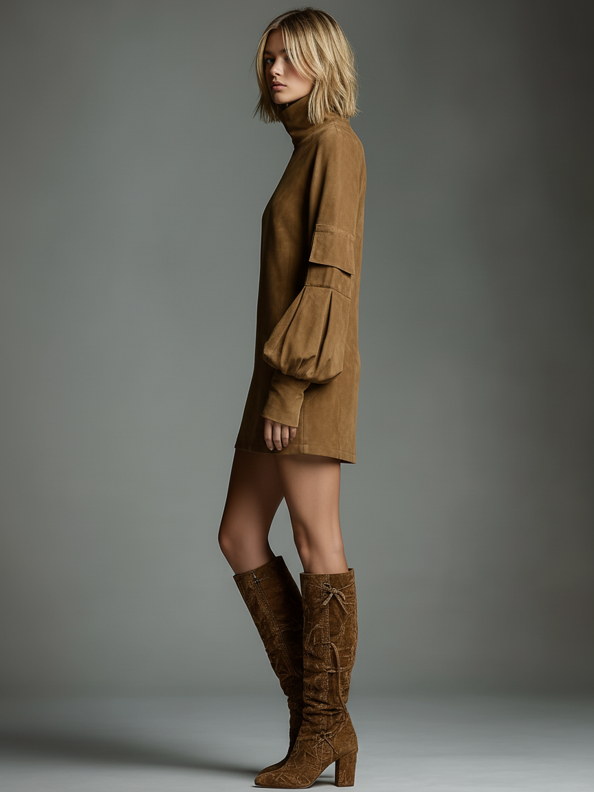 Womens Vintage Turtleneck Mini Dress with Relaxed Fit