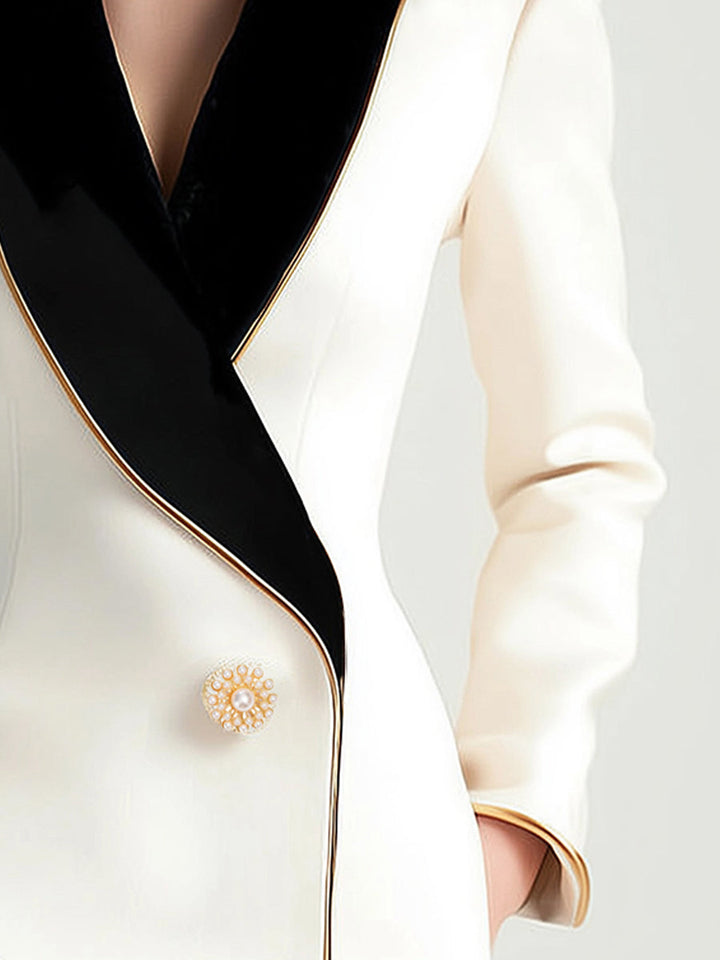 Women’s White Blazer with Black Contrast Lapels and Gold Button