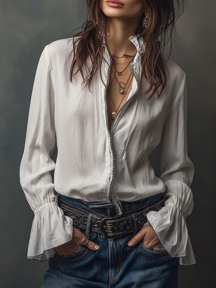 Women’s Zip-Front Blouse with Flounce Cuffs and Stand Collar