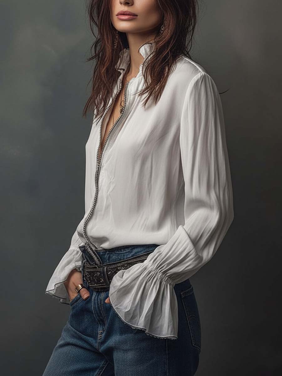 Women’s Zip-Front Blouse with Flounce Cuffs and Stand Collar