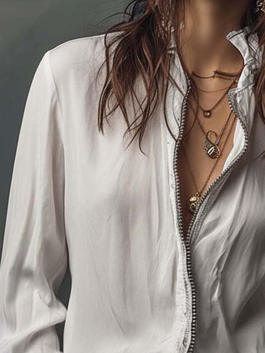 Women’s Zip-Front Blouse with Flounce Cuffs and Stand Collar