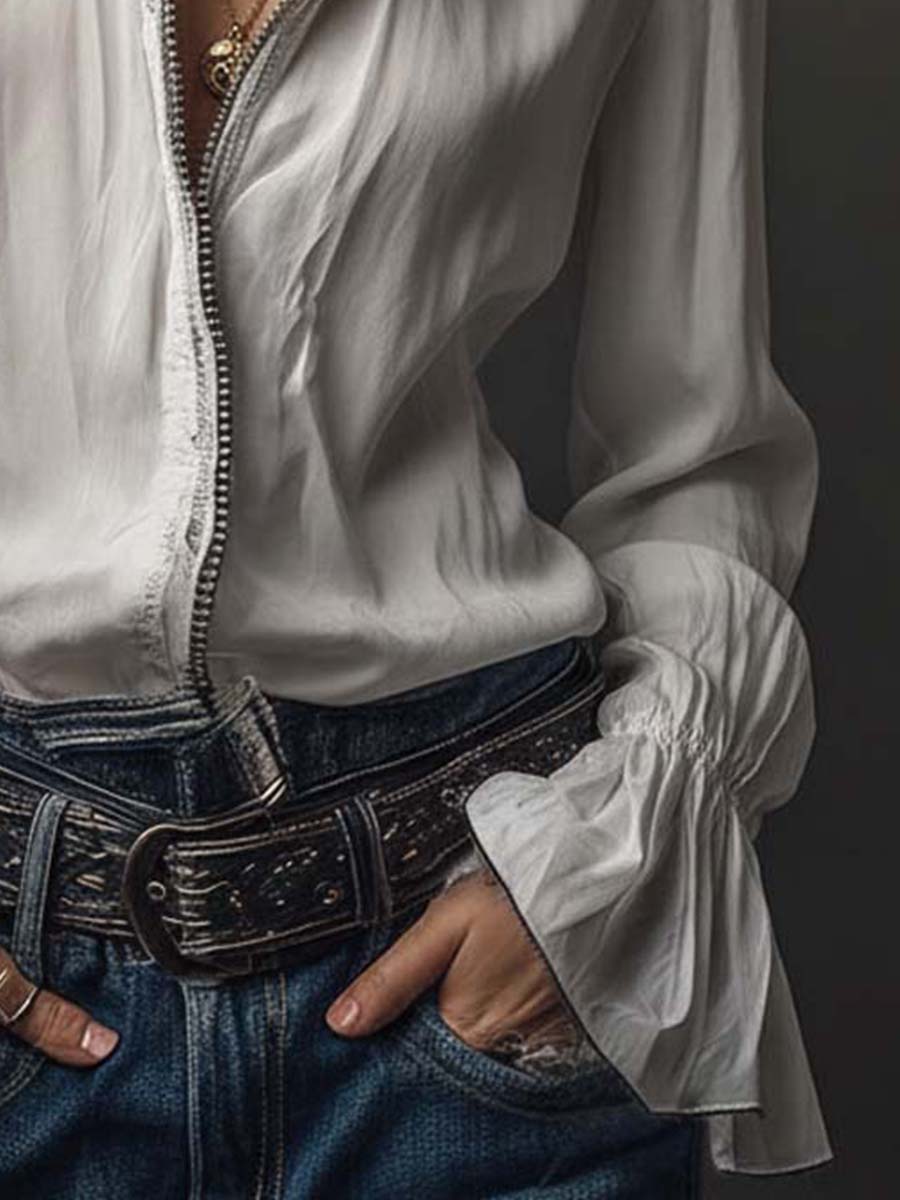 Women’s Zip-Front Blouse with Flounce Cuffs and Stand Collar