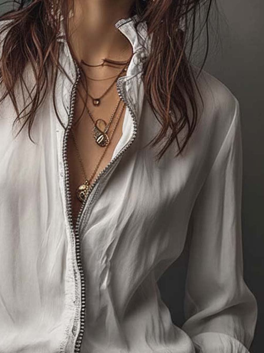 Women’s Zip-Front Blouse with Flounce Cuffs and Stand Collar