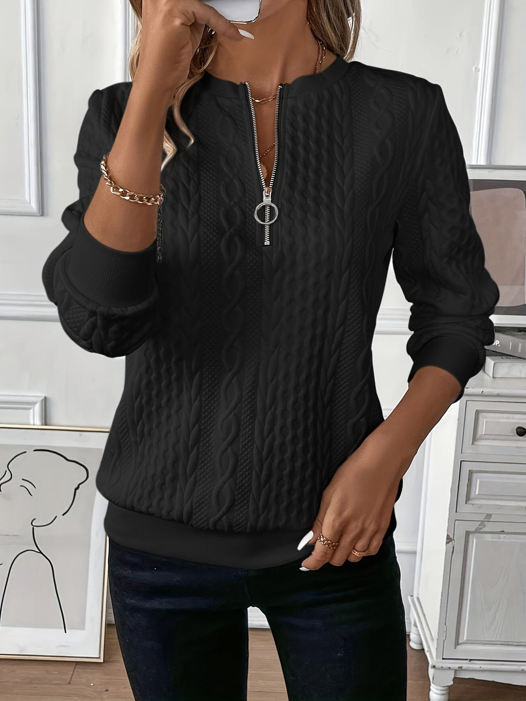 Women’s Zip-Up Jumper with Long Sleeves and Front Zip