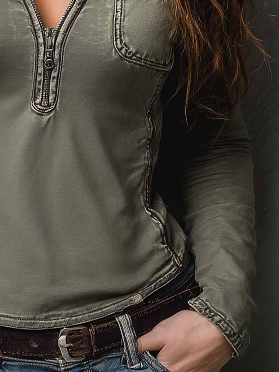 Women’s Zip-Up Top with Front Zipper and Chest Pockets
