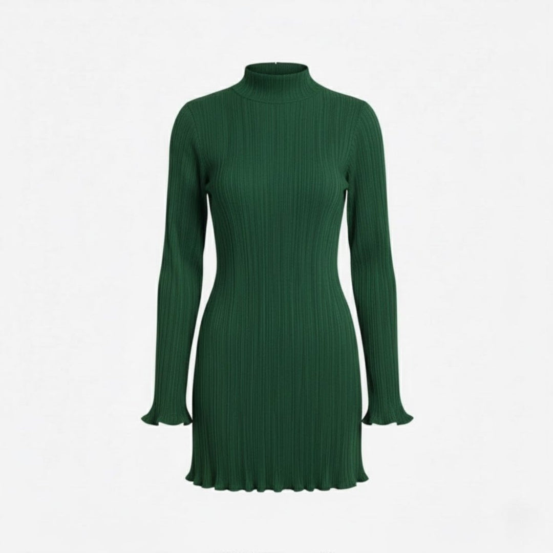 Women’s Ribbed Knit Dress with High Neck and Long Sleeves
