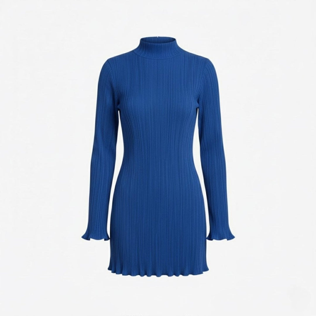 Women’s Ribbed Knit Dress with High Neck and Long Sleeves