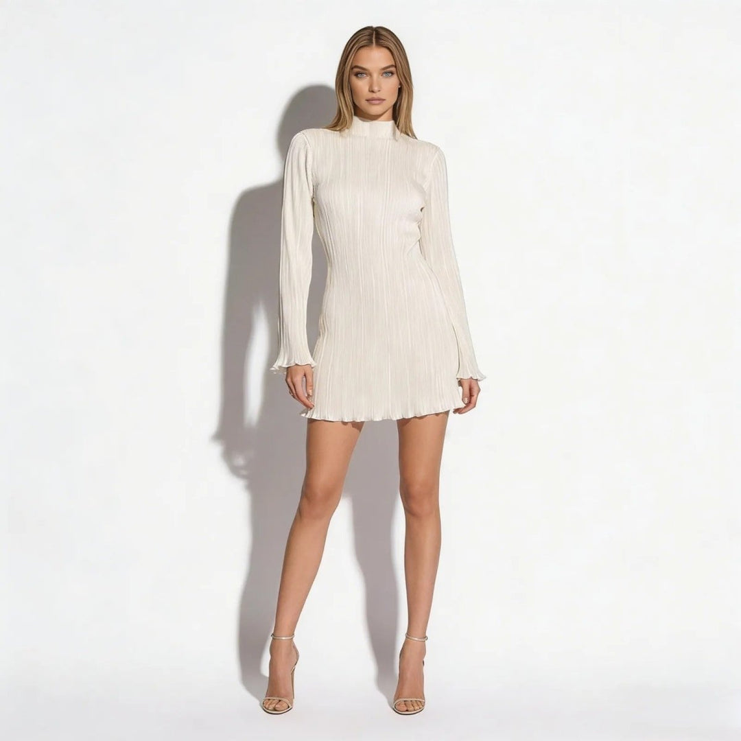Women’s Ribbed Knit Dress with High Neck and Long Sleeves